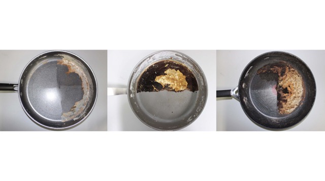 Pannujen pinnoitteet pohjaan palanutta maitoa koskevan testin jälkeen (vasemmalta Clas Ohlson, Fiskars ja Tefal). Kuva: Intertek