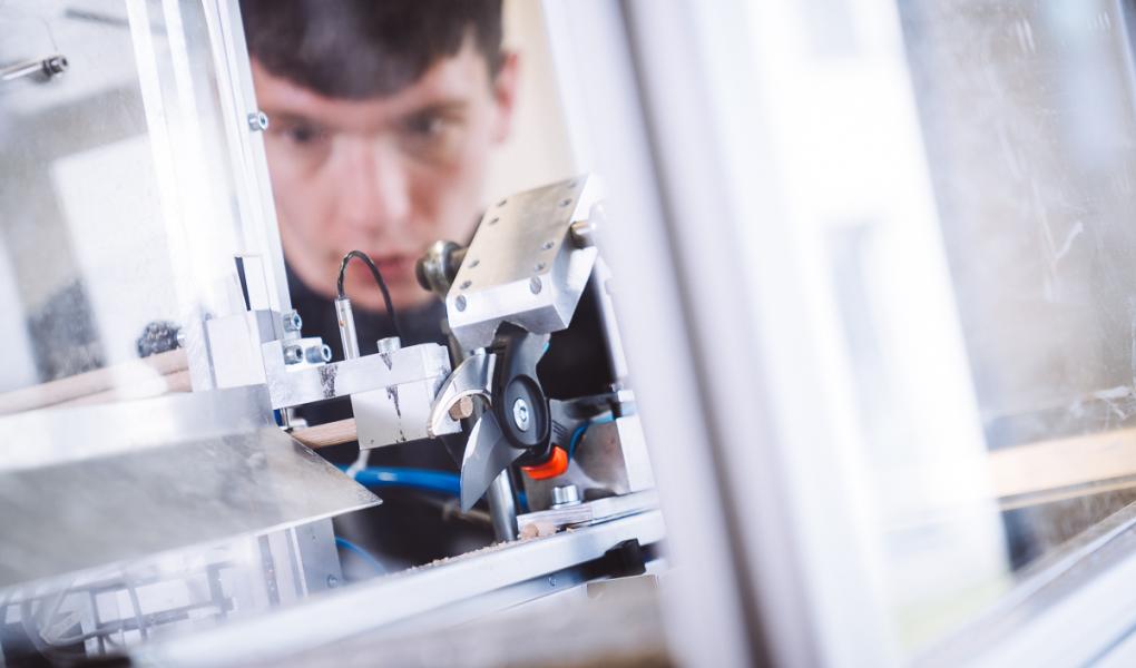 En automatisk testmaskine klipper 4000 stave af tørret bøgetræ Foto: Moritz Dornbusch